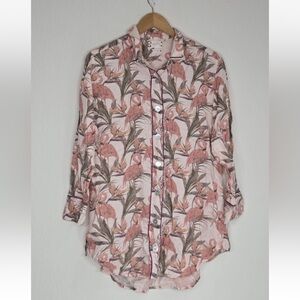 The Lazy Poet Sissy Flamingo Dreams Pink Shirt Dress Linen Pajamas Size S